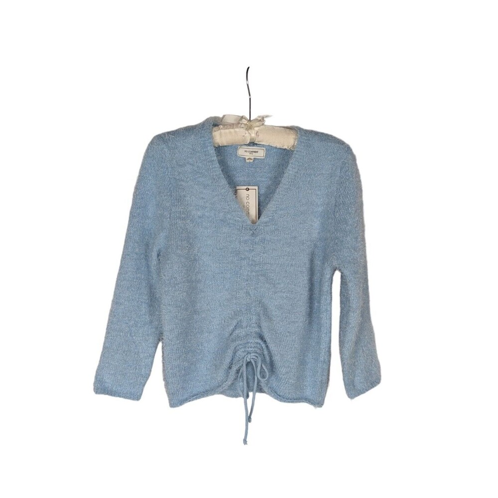 NWT No Comment Sweater L Blue Vneck Fuzzy Knit Drawstring Hem Clueless 90's